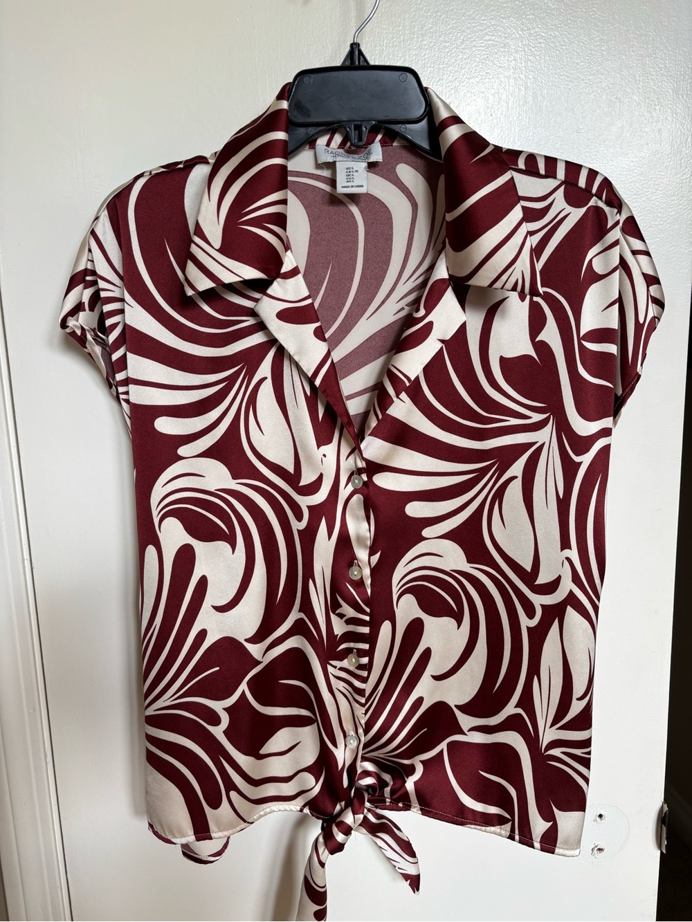 Rachel Zoe Burgundy & Cream Tie-Front Cap Sleeve Blouse